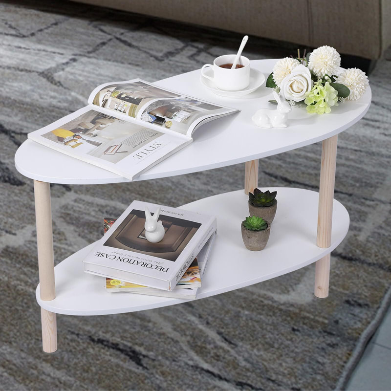 Oval Coffee Table 2 Tier Wood Modern Sofa Table With Open Shelf For Storage And Display